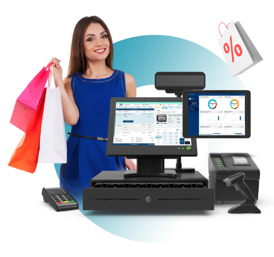 Retail customer with shopping bags beside a POS system