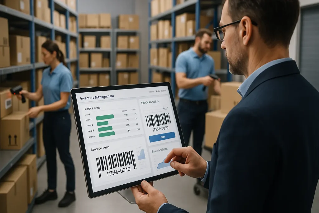 Inventory staff scanning boxes while a manager checks stock on a tablet.